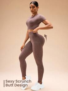 Bộ đồ thể thao Raglan ngắn tay cổ tròn màu tím và quần legging liền mạch cho nữ - Màu đỏ tím - Xem 2