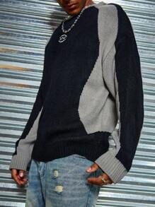 Manfinity Homme Áo len cổ tròn thêu chữ Colorblock thường ngày cho nam, Thu/Đông - màu đen - Xem 3