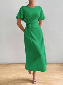 Chiquease Random Flower Pattern Solid Color Round Neck Short Sleeve Summer Casual Dress Maxi Women Outfit - Green - View 3