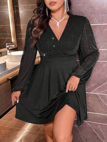 Plus Size Women Elegant V-Neck Rhinestone Embellished Slimming Fitted Dress - Black - View 1