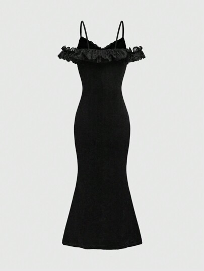 Goth Velvet Cross Pendant Shoulder Strap Patchwork Flounce Waistline Fishtail Hem Mid-Length Dress For Women
