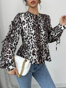 Chiquease Damen Rundhals Langarm Krawattenoberteil mit modischen Knöpfen, sanfter Leopardenmuster Bluse Damen Hemd