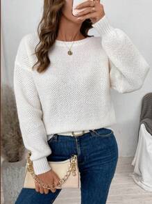 SHEIN LUNE pull élégant pour femmes avec col rond, épaules tombantes et contraste de dentelle, pour l'automne et l'hiver