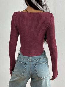 SHEIN Unity Women's Solid Color Long Sleeve Twist Front Fitted T-Shirt, Spring And Autumn - Redwood - View 2