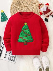 1 件年轻男孩圣诞老人休闲舒适时尚简约设计实用百搭厚红色毛衣，适合日常穿着、上学、郊游、运动、圣诞节、秋冬季 - 紅色 - 查看 1