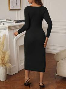 SHEIN Maternity Round Neck Long Sleeve Fitted Elegant Charming Soft Sweater, For Winter - Black - View 2