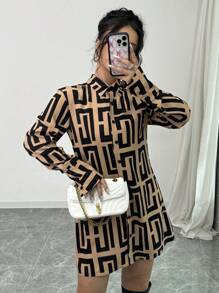 Chiquease Váy sơ mi họa tiết hình học dài tay thường ngày cho nữ, mùa xuân và mùa hè - Nhiều màu - Xem 5