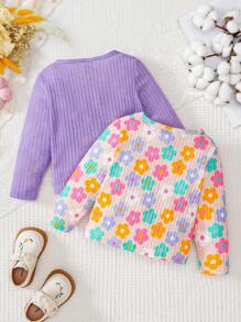 SHEIN Playful Pals 2pcs Baby Girl Floral Print Long Sleeve Tops Set Chic Outfits For Autumn/Winter - Multicolor - View 2