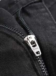 Chillumni Pantalones largos informales de mezclilla con botones estampados, moda callejera para hombres - Negro - Ver 7