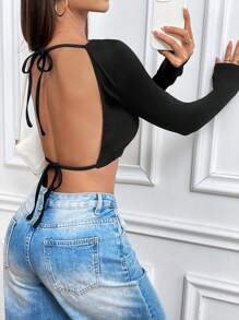 Allurite Women's Long Sleeve Backless Tie-String Tight-Fitting Black Top, Autumn,Club Tops,Party Tops - Black - View 3