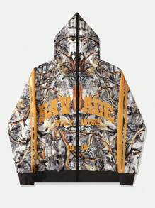 ROMWE MEN Street Life Herren Camouflage Sweatshirt mit Reißverschluss und Kapuze aus trockener Holzoptik - Khaki - Übersicht 1