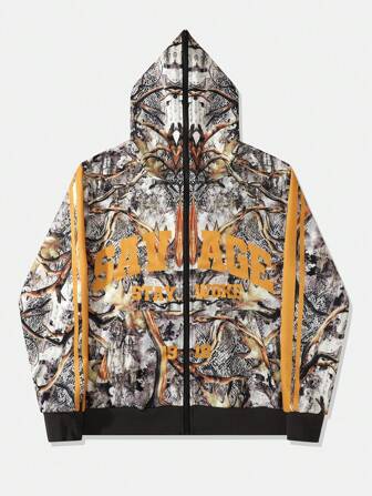 Street Life Sudadera con capucha con cremallera y estampado de camuflaje de madera seca para hombre