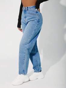 EURMUSE Zipper Fly Mom Fit Jeans - Baby Blue - View 5