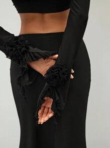 Aloruh Women's Elegant Black Summer 2-Piece Outfits Asymmetrical Top And Low Waist Bodycon Skirt Sets With 3D Flowers Decorated Night Out Party Dresses - Black - View 5