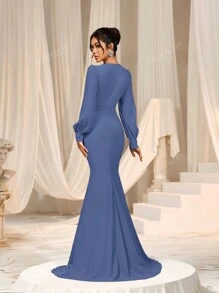 Faeriesty Elegant Cross-Over V-Neck Lantern Sleeve Mermaid Hem Dress - Sophisticated Timeless Design For Spring/Summer Weddings, Galas, Red Carpet Bridesmaid Dress