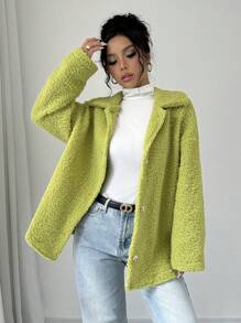 Selianne Chaqueta casual de botones delanteros de unicolor con cuello de sherpa de manga larga - Verde - Ver 5