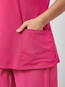 SHEIN TaskFit 加大码弹力针织 V 领双贴袋短袖手术服上衣护理手术服制服上衣 - 玫紅色 - 查看 7