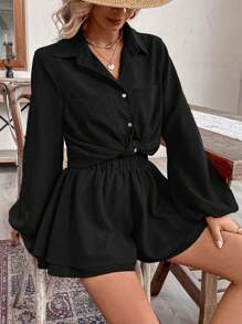 Breezaya 2 piezas Conjunto de blusa informal de manga larga con botones y cuello y falda para mujer - Negro - Ver 4