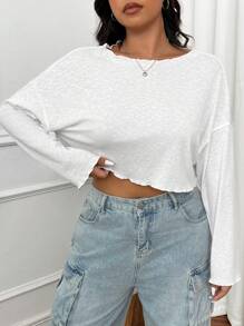 SHEIN EZwear 大码圆领长袖时尚休闲优雅魅力 T 恤 - 白色 - 查看 1