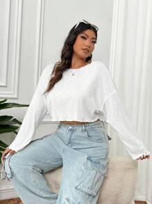 SHEIN EZwear 大码圆领长袖时尚休闲优雅魅力 T 恤 - 白色 - 查看 3