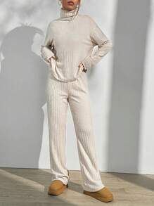 Flirla Set de 2 piese pentru femei, cu guler înalt, cu mânecă lungă, de culoare uni, de top minimalist și cu picior drept. - Caisă - Vizualizare 4