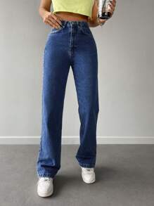 EURMUSE 女款直筒牛仔褲 - 寶藍色 - 查看 3