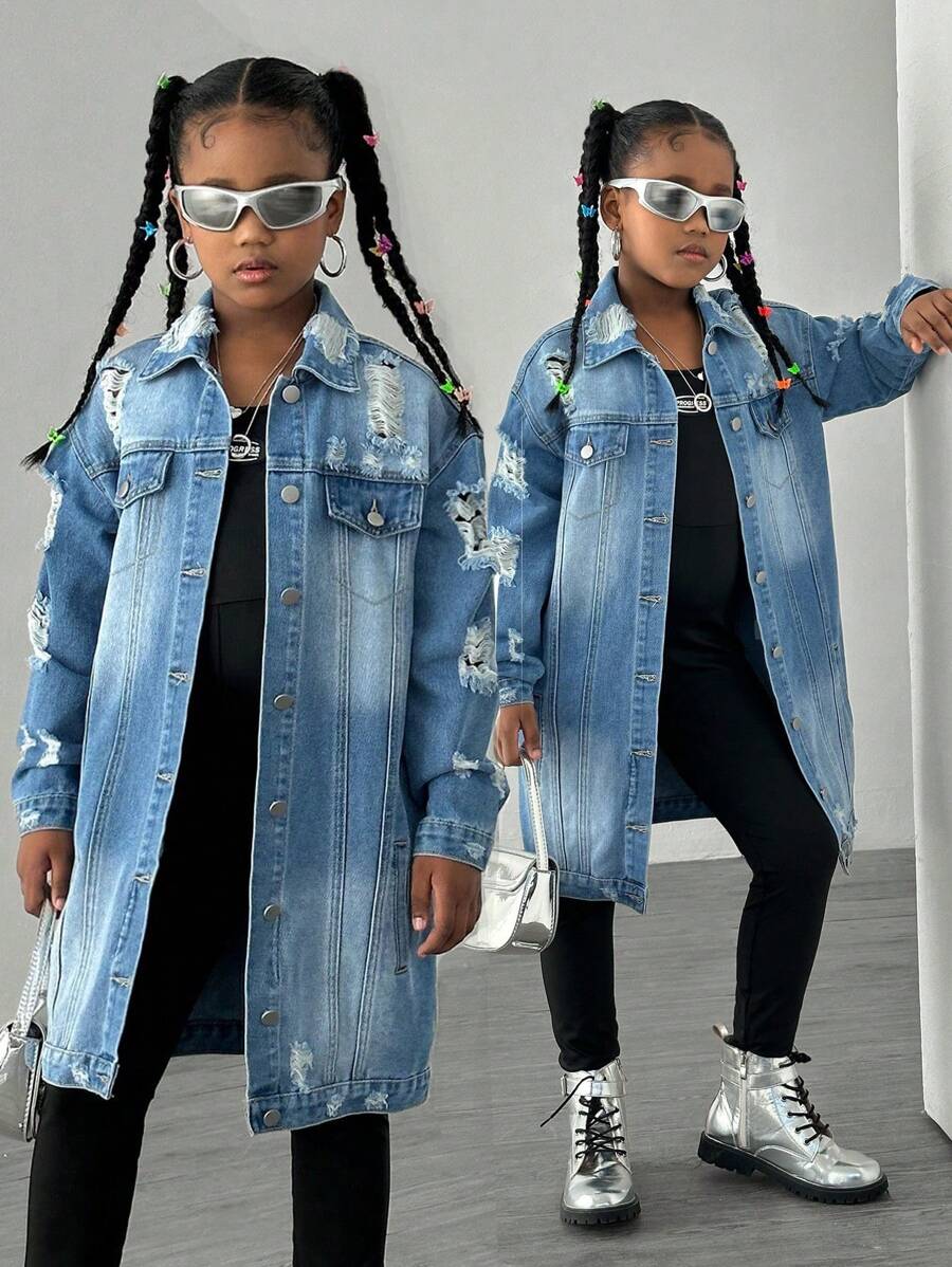 SHEIN Explorewe Tween Girls Y2K Streetwear Casual College Frayed Distressed Long Denim Jacket, Versatile Chic Fashion Item For Spring, Fall And Winter - Medium Wash - View 1