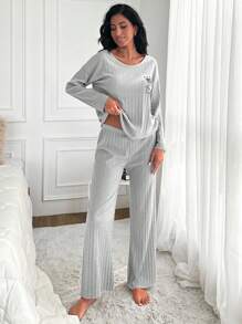 EURMUSE Bộ đồ ngủ cổ tròn in chữ và vương miện 100% cotton cho nữ và quần dài - Xám - Xem 3