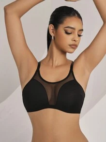 Women's Casual Black Bralette With Contrast Mesh Detail And Medium Stretch Fabric - Black - View 6