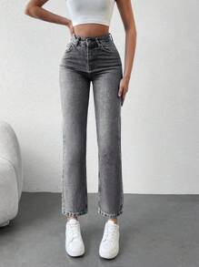 SHEIN Cottnline 女式高腰直筒纯色七分牛仔裤 - 深灰色 - 查看 5