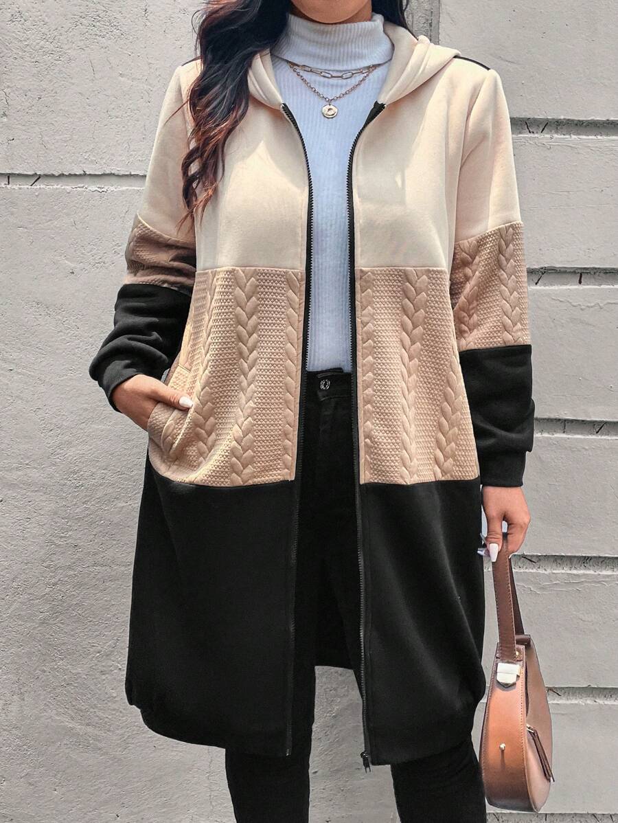 SHEIN Frenchy 大码拼色前开连帽长款运动衫 - 彩色 - 查看 1