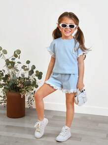 SHEIN Young Girl Comfortable Casual Lace Trimmed Short-Sleeved T-Shirt And Shorts Set - Blue - View 1
