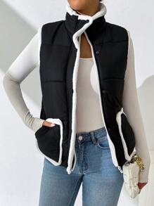 SHEIN Essnce Chaleco sin mangas con botones delanteros, ribete de contraste y parches de piel, para uso casual