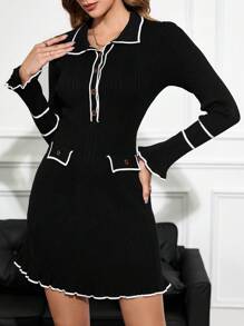 SHEIN Clasi 女士优雅拼色针织毛衣裙 秋季女装连衣裙 - 黑色 - 查看 3