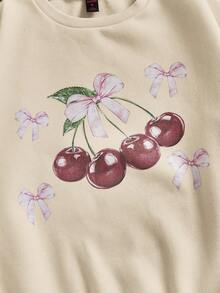 ROMWE Kawaii Women Crew Neck Bowknot Cherry Print Long Sleeve Casual Loose Sweatshirt - Apricot - View 4