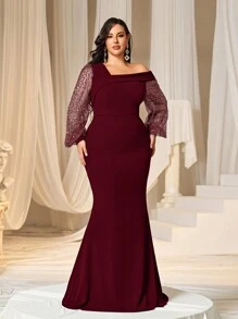 Faeriesty Curve Elegant Plus-Size Off-The-Shoulder Formal Evening Dress With Dramatic Lantern Sleeves And Flattering Mermaid Silhouette For Sophisticated Black-Tie Galas, Formal Weddings, Charity Balls, Corporate Award Dinners, And High-End Social Club Events. - Burgundy - View 6