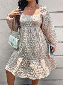 SHEIN Frenchy Plus Size Fall Jacquard Gauze Square Collar Babydoll Ruched Dress,Beach Dress Sundress,Holiday Outfits Boho - Apricot - View 3
