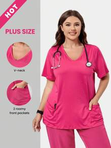 SHEIN TaskFit 加大码弹力针织 V 领双贴袋短袖手术服上衣护理手术服制服上衣 - 玫紅色 - 查看 1