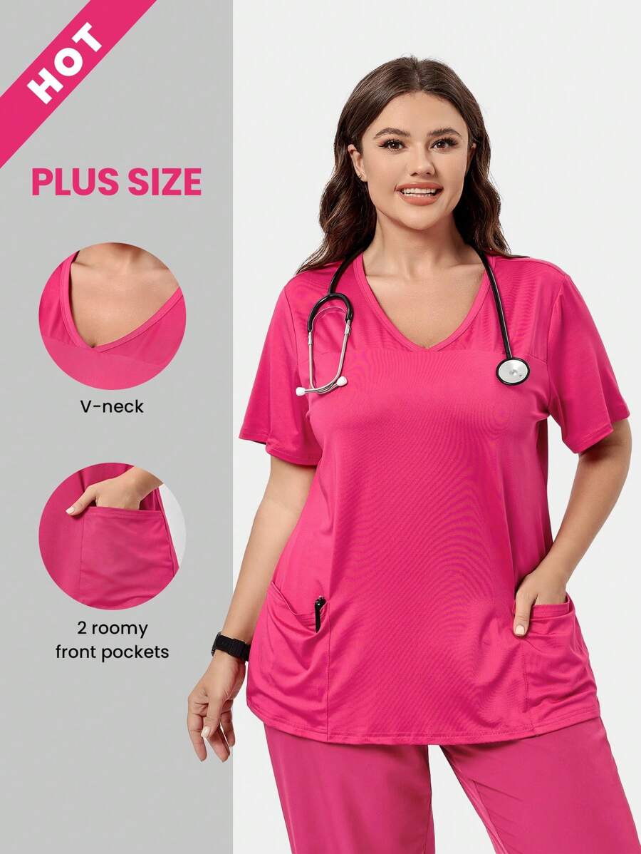 SHEIN TaskFit 加大码弹力针织 V 领双贴袋短袖手术服上衣护理手术服制服上衣 - 玫紅色 - 查看 1