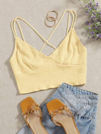 Top con bretelle sottile arricciate indietro incrociato