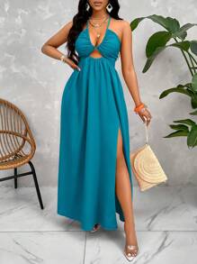 Zolique Đầm Maxi hở lưng buộc chéo Crisscross cho nữ - Màu xanh ngọc - Xem 5