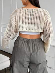 SHEIN EZwear 大码休闲纯色镂空针织短款毛衣，春夏 - 米色 - 查看 2