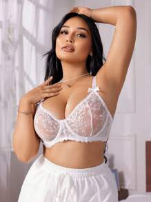 SHEIN 加大码纯色蕾丝蝴蝶结装饰无钢圈文胸性感内衣，提升 - 白色 - 查看 3