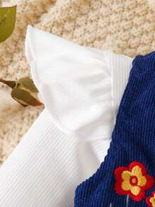 SHEIN Vintaside Kids 女婴甜美简约荷叶边领长袖衬衫，灯芯绒 A 字型花卉刺绣套头衫休闲乡村装套装，秋冬