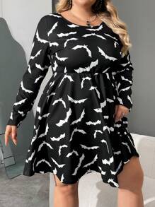 SHEIN CURVE+ Curve Plus Halloween Skull Design Swing Long Sleeve Dress,Ghost Fac,Pumpkin,Spider Hoodie,Witch - Black - View 4