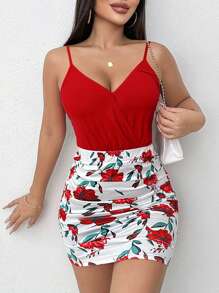 SHEIN LUNE 2 件套性感女士红色花卉印花交叉吊带上衣和荷叶边裙子