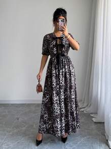 SHEIN Privé 女式豹纹蝴蝶结灯笼袖短款连衣裙 - 咖啡 - 查看 3
