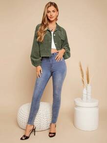 SHEIN LUNE 女士春秋长袖休闲工装口袋短夹克 - 軍綠色 - 查看 5