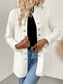 SHEIN Clasi Women's Cinched Waist Long Sleeve Jacket With Metal Button Decor - White - View 5