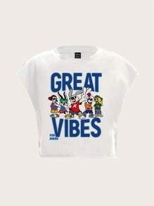 Slaydiva 休闲简约大方兔子和小狗卡通印花圆领短袖宽松短款女式T恤，略显透明，适合夏季 - 白色 - 查看 2